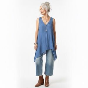MY PRETTY ANGEL Blue Linen Asymmetric Tunic Top Boho Poetcore Lagenlook S